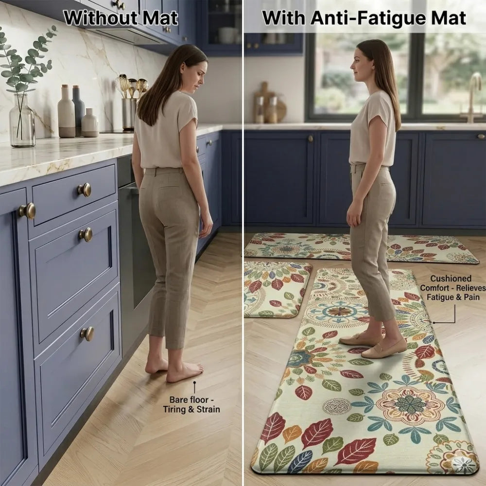 2-Piece Boho Floral Leaf Kitchen Mat Set | Non-Slip Cushioned Anti-Fatigue Runner Rugs for Kitchen, Bedroom & Home