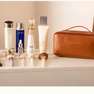 Leather Makeup Travel Bag | Cross Open Cosmetic Organizer with Handle & Divider, Spacious Storage for Beauty Essentials