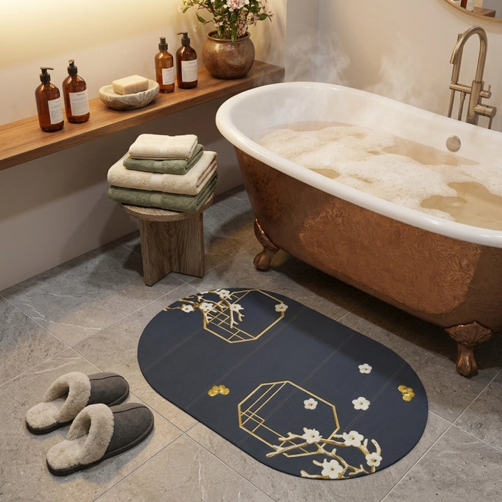 Charcoal Oval Bath Mat with Gold Geometric & White Blossom | Soft Quick Dry Anti-Slip Absorbent Floor Rug for Bathroom Entrance & Bedroom