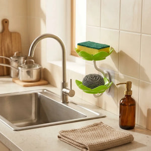 Wall Mounted Double Layer Lotus Flower Soap Holder | Self-Adhesive Drain Soap Box & Sponge Organizer for Bathroom & Kitchen