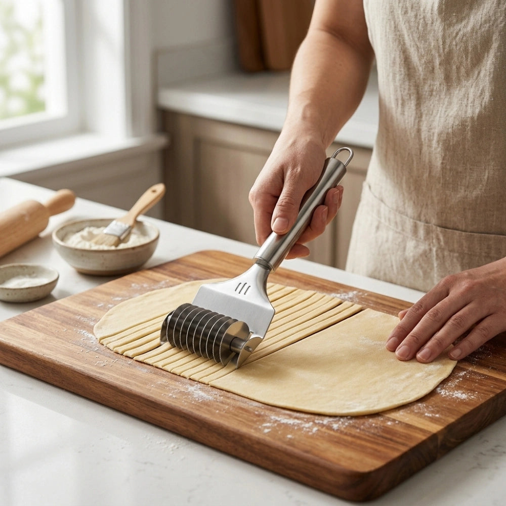 Stainless Steel Multi-Blade Noodle Cutter Roller | Manual Pasta, Dough & Pastry Cutting Tool with Ergonomic Handle