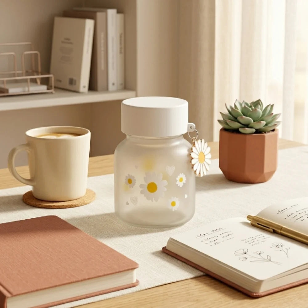 300ml Daisy Glass Water Bottle | Cute Frosted Glass Bottle with Daisy Charm | Portable Mini Water Bottle for Women, Girls & Teens