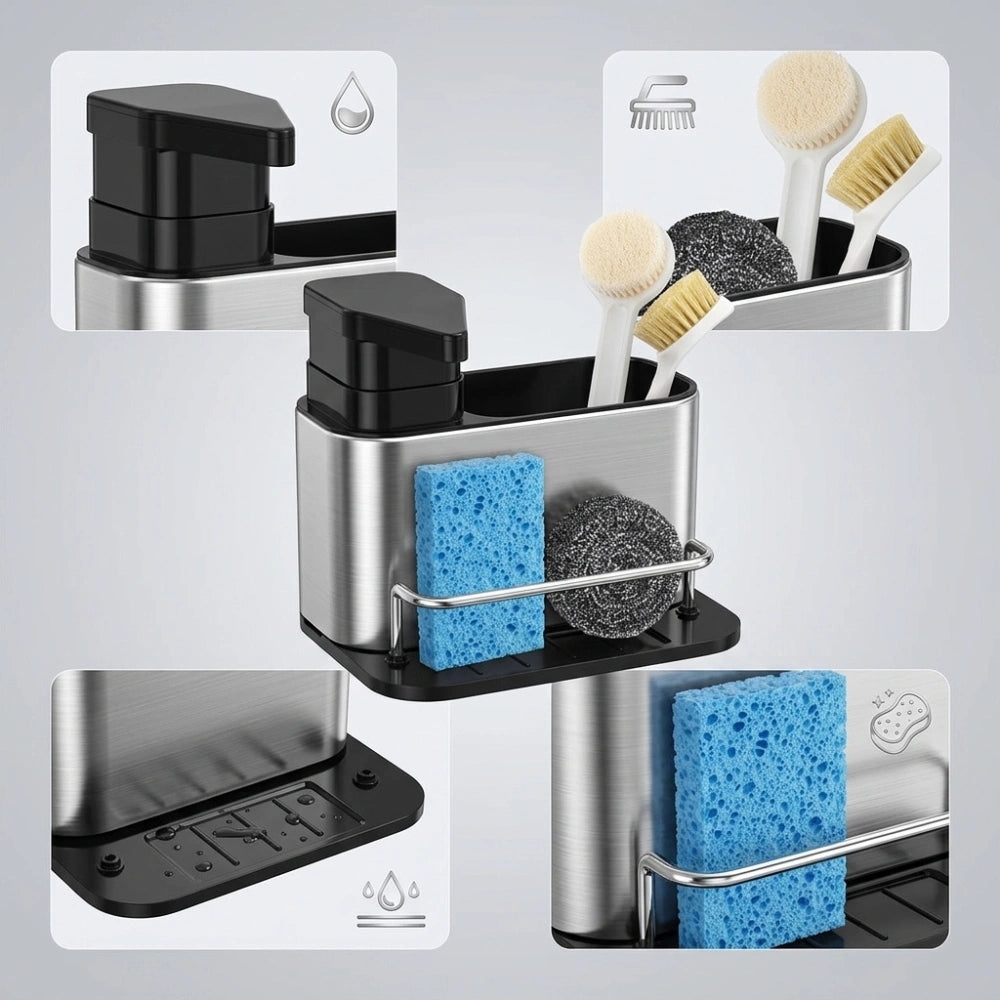 3-in-1 Stainless Steel Kitchen Sink Caddy Organizer with Soap Dispenser, Sponge & Brush Holder