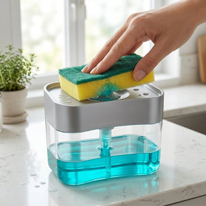 2 in 1 Kitchen Soap Dispenser with Sponge Holder | Liquid Dishwashing Pump for Sink & Bathroom Use