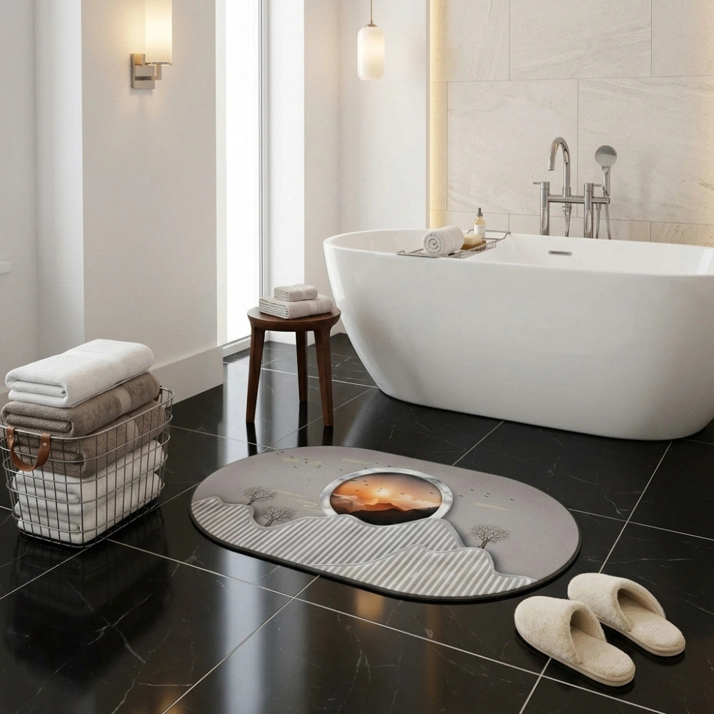 Abstract Sunset Mountain Oval Bath Mat | Soft Quick Dry Anti-Slip Absorbent Floor Rug for Bathroom Entrance & Bedroom