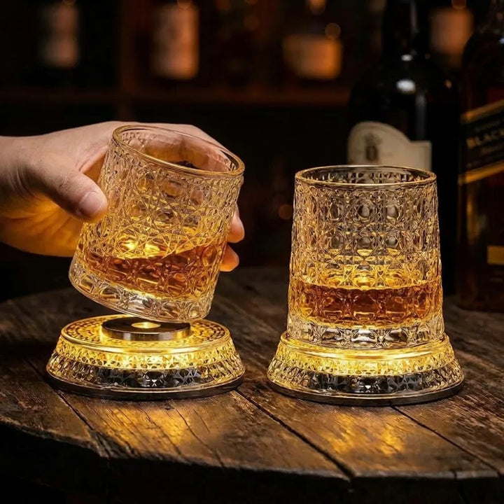 LED Rotating Whiskey Glasses 300ml – Pack of 2 | Crystal Cut 360° Spinning Rocks Glasses with LED Base for Whiskey, Scotch & Cocktails