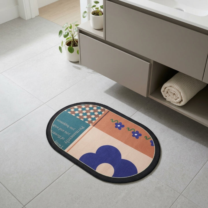 Boho Abstract Oval Anti-Slip Bath Mat | Soft Absorbent Quick Dry Bathroom Floor Rug Modern Floral Door Mat