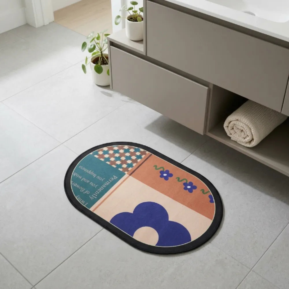 Boho Abstract Oval Anti-Slip Bath Mat | Soft Absorbent Quick Dry Bathroom Floor Rug Modern Floral Door Mat
