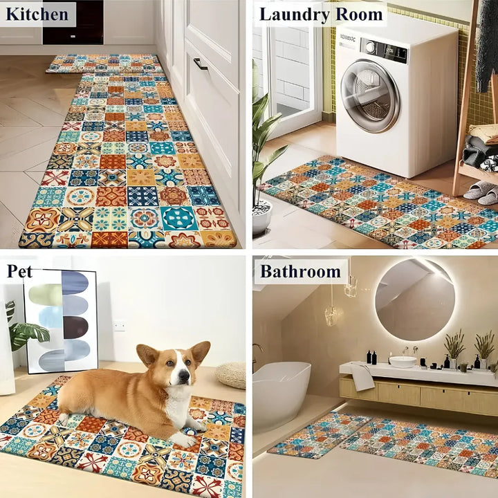 2-Piece Colorful Moroccan Mosaic Kitchen Mat Set | Boho Tile Patchwork Non-Slip Anti-Fatigue Washable Runner Rugs for Kitchen & Hallway