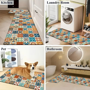 2-Piece Colorful Moroccan Mosaic Kitchen Mat Set | Boho Tile Patchwork Non-Slip Anti-Fatigue Washable Runner Rugs for Kitchen & Hallway