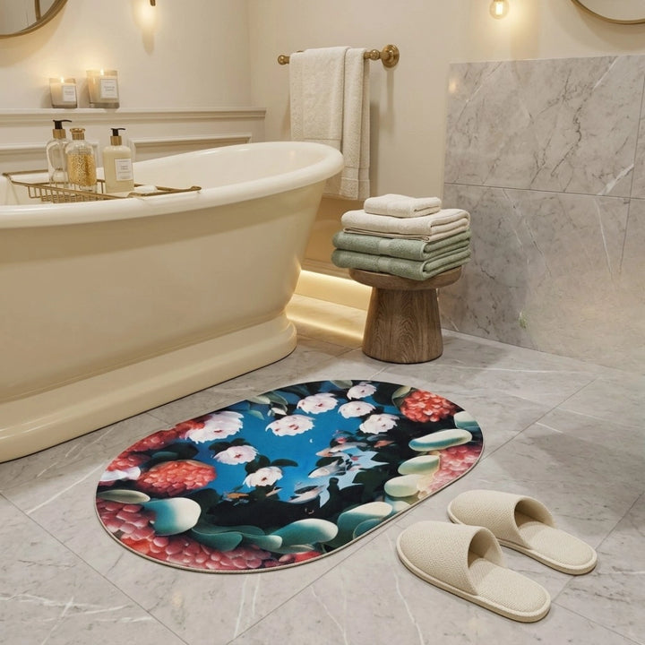 Floral Oval Anti-Slip Bathroom Mat | Soft Absorbent Quick Dry Bath Rug | Decorative Washroom Floor Carpet