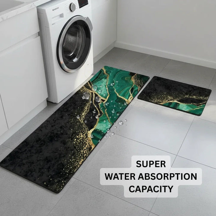 2-Piece Emerald Gold Marble Kitchen Mat Set | Luxury Non-Slip Washable Anti-Fatigue Runner Rugs for Kitchen, Hall & Bedroom