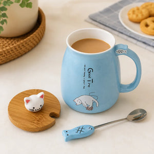 400ml Cute Cat Ceramic Coffee Mug with Wooden Lid & Stainless Steel Spoon | Kawaii Kitty Tea Cup for Home & Office