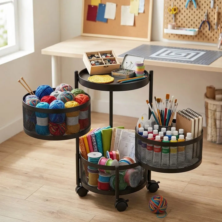 3-Layer Round Multipurpose Storage Trolley with Wheels | Rotating Organizer for Home & Office