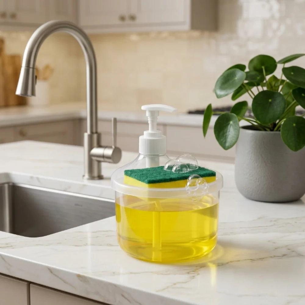 Press Type Liquid Soap Dispenser with Sponge Holder | Refillable Dishwashing Pump Container