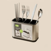 Stainless Steel Cutlery Holder with 4 Compartments | Kitchen Utensil Organizer Caddy for Spoons, Forks, Knives & Cooking Tools | Countertop Storage Drainer  Handle