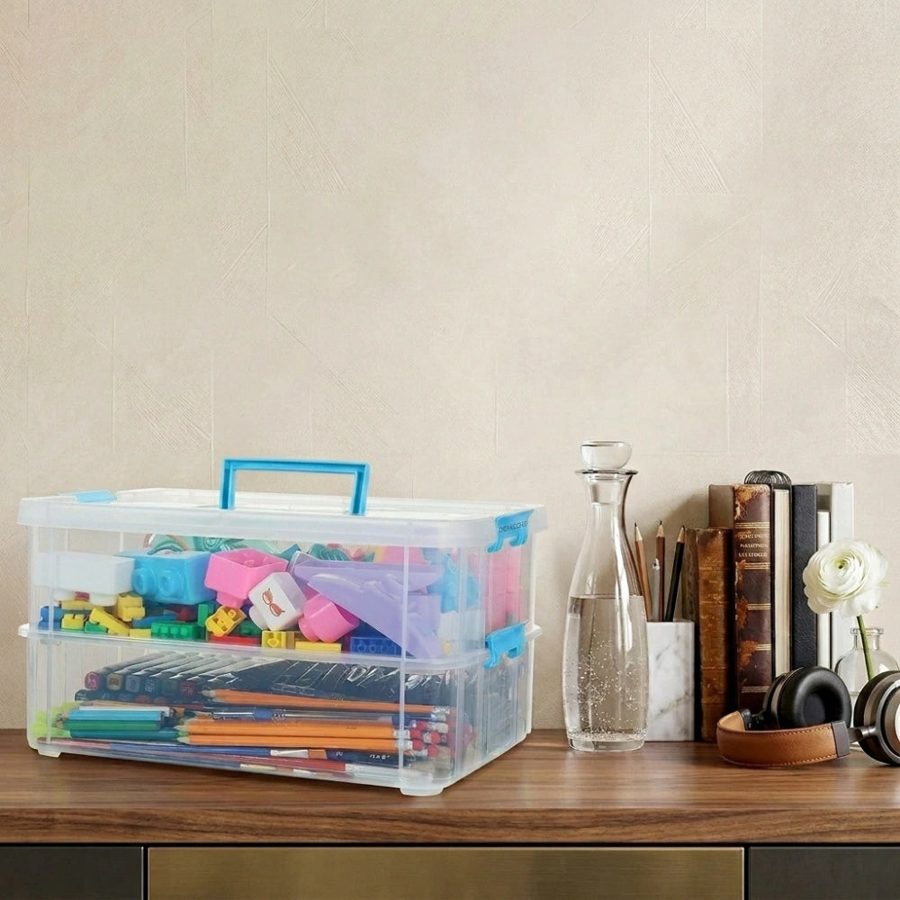 2 Layer Clear Plastic Storage Box with Lid & Handle | Portable Stackable Organizer for Stationery, Crafts, Sewing & Art Supplies