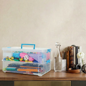 2 Layer Clear Plastic Storage Box with Lid & Handle | Portable Stackable Organizer for Stationery, Crafts, Sewing & Art Supplies