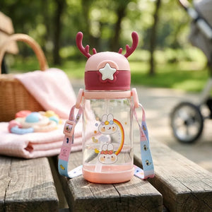 600ml Cute Cartoon Kids Water Bottle with Straw & Strap | Leakproof BPA-Free Sipper Bottle with Reindeer Antlers Cap for School & Travel