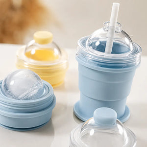2-in-1 Collapsible Silicone Ice Ball Maker Cup with Straw & Lid | Reusable Ice Sphere Mold for Whiskey, Iced Coffee, Gym & Travel