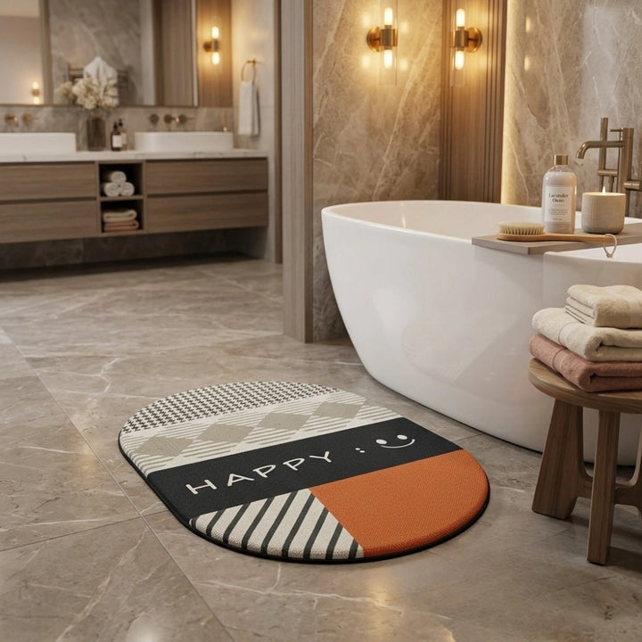 Modern Happy Print Anti-Slip Bathroom Mat | Soft Absorbent Quick Dry Bath Rug | Stylish Washroom Floor Carpet