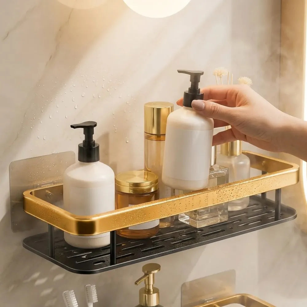 Bathroom Organizer Wall Mount Self Rack Black & Gold Aluminium Storage, Pack of 2