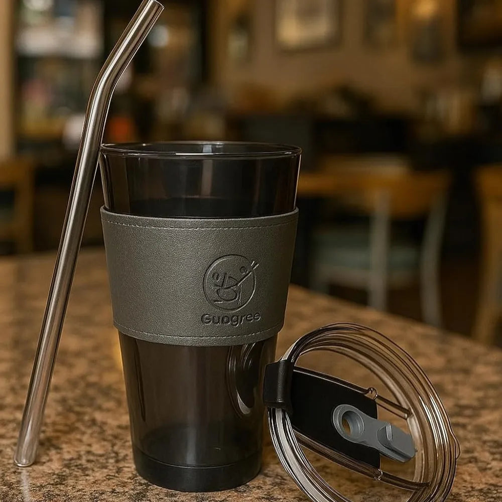Glass Coffee Sipper Mug with Leather Grip | Reusable Clear Tumbler with Lid & Straw | Iced Coffee, Tea, Smoothie & Juice Cup