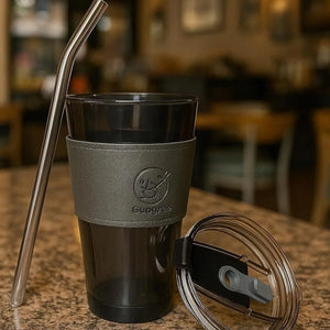 Glass Coffee Sipper Mug with Leather Grip | Reusable Clear Tumbler with Lid & Straw | Iced Coffee, Tea, Smoothie & Juice Cup