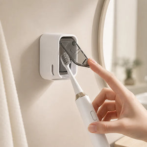 Wall Mounted Toothbrush Holder with Dustproof Cover | Self-Adhesive Bathroom Toothbrush Organizer with Clear Window & Quick-Dry Design