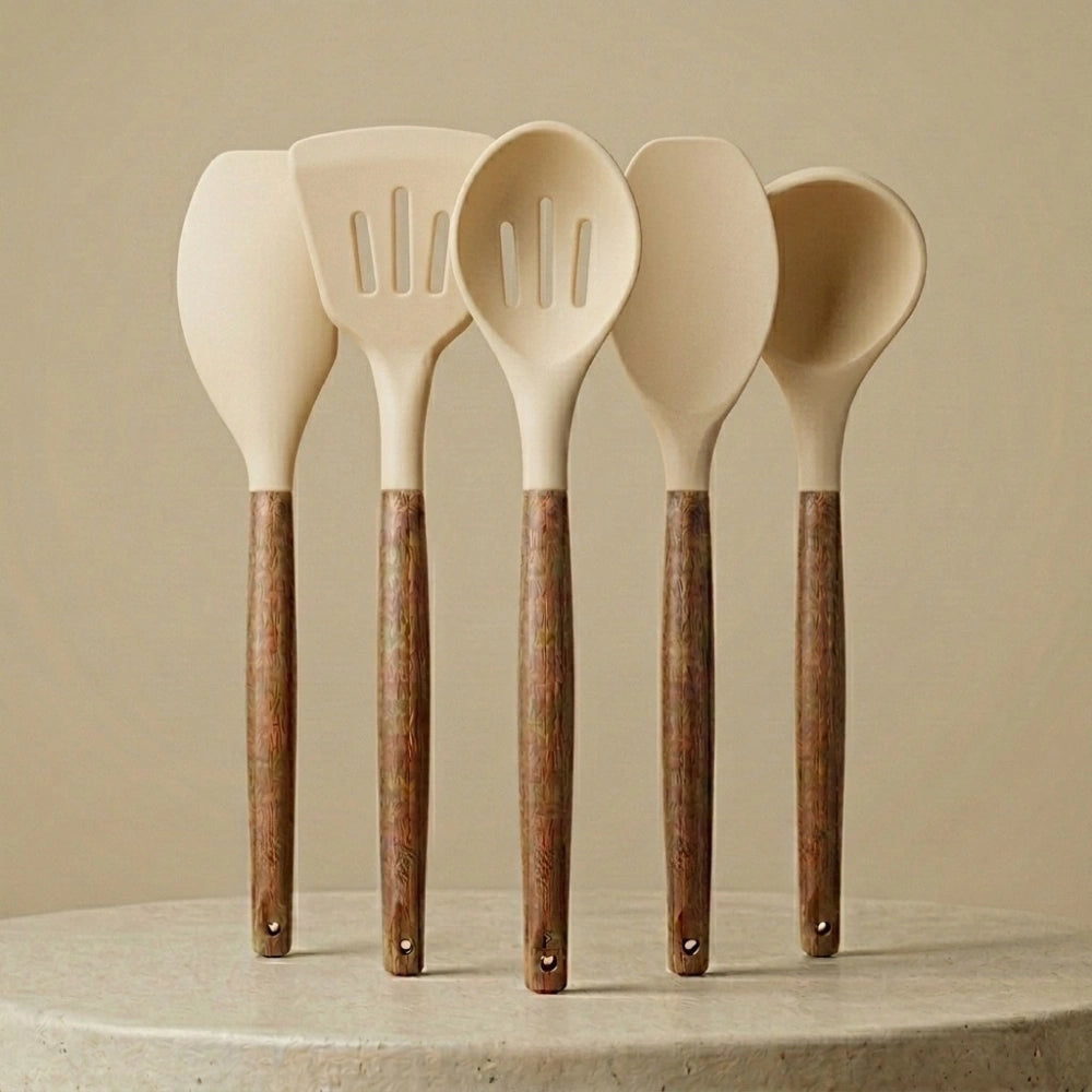 5-Piece Silicone Kitchen Utensil Set with Wooden Handles | Non-Stick Cooking Spatulas, Turner, Serving Spoon & Soup Ladle, Heat Resistant Kitchen Tools