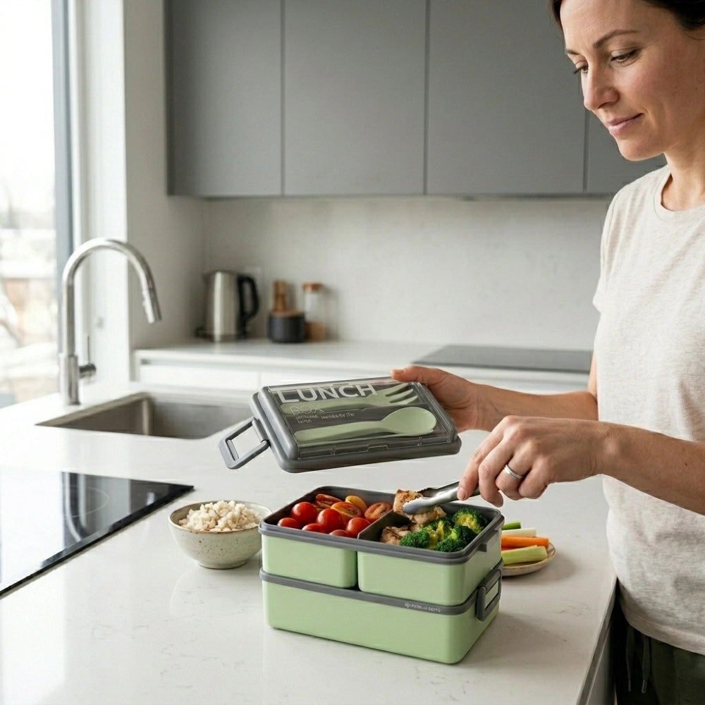 Double Layer Lunch Box with 3 Compartments, Spoon & Fork | BPA-Free Leakproof Bento Box
