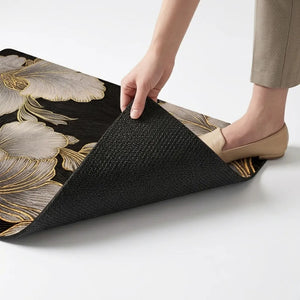 2-Piece Luxury Gold Floral Kitchen Mat Set | Non-Slip Waterproof Anti-Fatigue Cushioned Runner Rugs for Kitchen & Floor