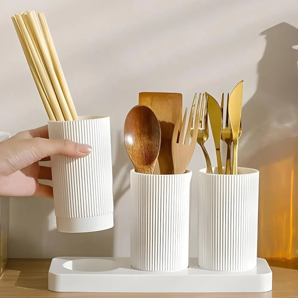 3-Grid ABS Self-Draining Cutlery Holder Stand | Spoon, Fork, Knife & Chopstick Organizer | Kitchen Tableware Storage Box