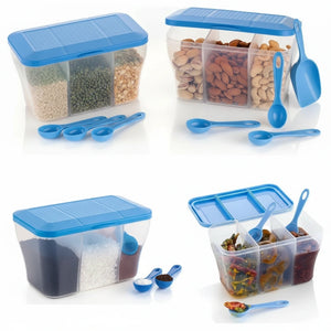 3-in-1 Multipurpose Masala Box with Airtight Containers & 3 Spoons | Transparent Kitchen Storage for Spices, Dry Fruits & Grocery