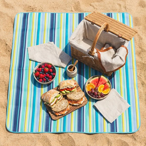 Foldable Beach & Picnic Mat 150×180cm | Waterproof Outdoor Blanket with Carry Handle | Blue Striped Camping & Travel Mat