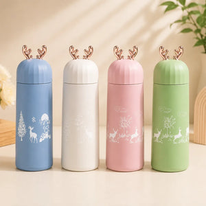 350ml Cute Deer Glass Water Bottle | Leakproof Insulated Flask with Antler Lid | BPA-Free Reusable Sipper for Kids, Girls & Travel (1Pcs)