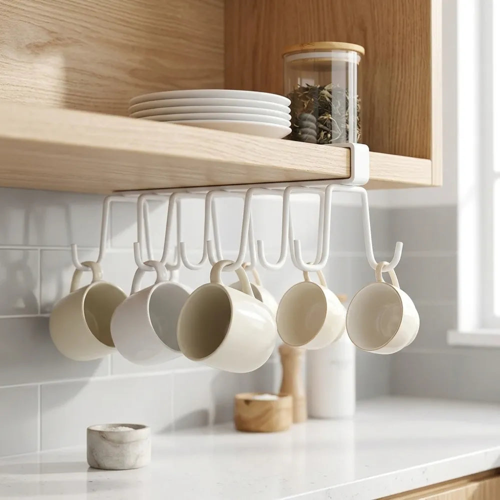 Double Row Cup Holder Rack with 12 Hooks | Metal Under Cabinet Mug & Coffee Cup Hanging Organizer | Kitchen Towel Holder