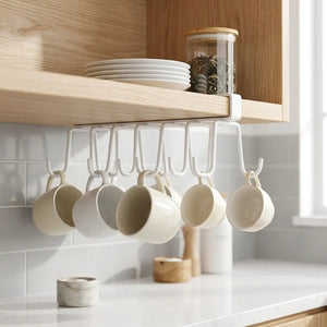 Double Row Cup Holder Rack with 12 Hooks | Metal Under Cabinet Mug & Coffee Cup Hanging Organizer | Kitchen Towel Holder