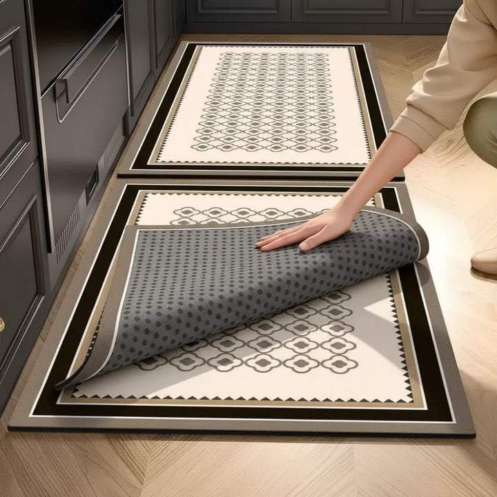 2-Piece Black & White Geometric Kitchen Mat Set | Non-Slip Anti-Fatigue Washable Runner Rugs with Elegant Tile Pattern for Kitchen & Hallway