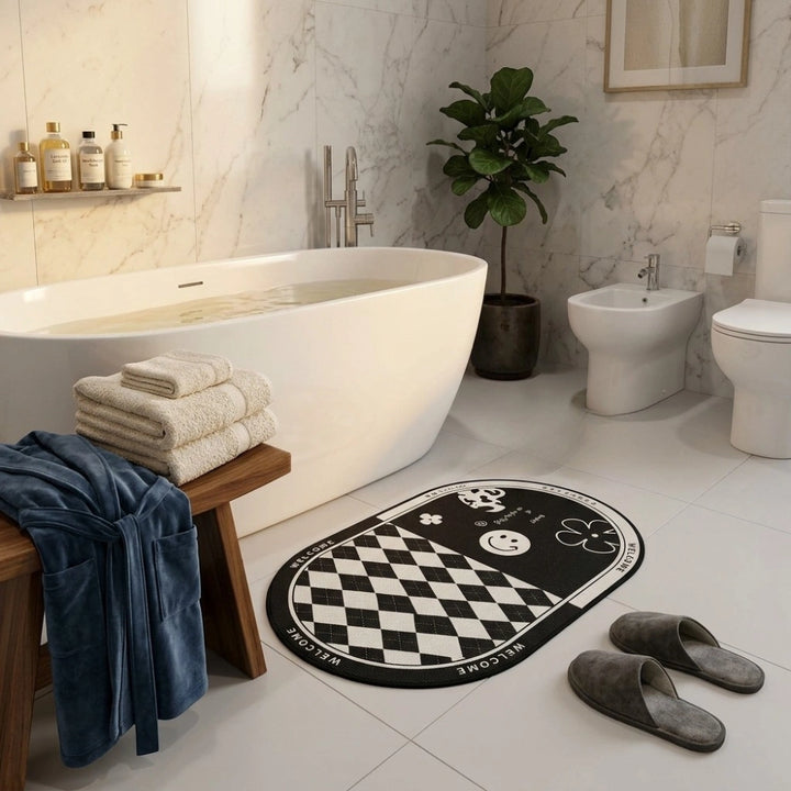 Black & White Anti-Slip Bathroom Mat | Modern Oval Bath Rug | Soft Absorbent Quick Dry Floor Carpet
