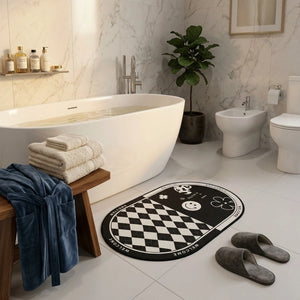 Black & White Anti-Slip Bathroom Mat | Modern Oval Bath Rug | Soft Absorbent Quick Dry Floor Carpet