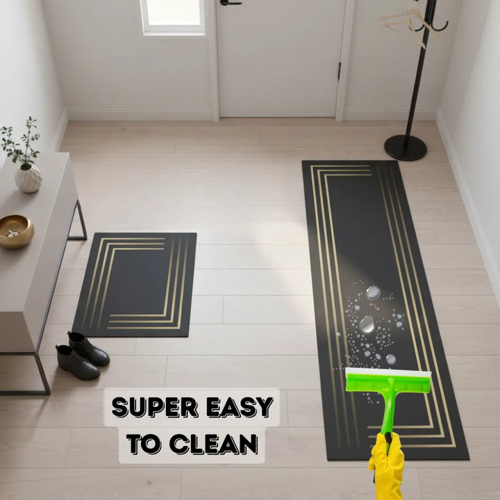 2-Piece Black & Gold Line Kitchen Mat Set | Elegant Non-Slip Oil-Proof Absorbent Anti-Fatigue Runner Rugs for Kitchen & Floor