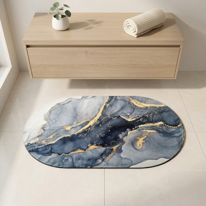 Luxury Marble Oval Anti-Slip Bath Mat | Soft Absorbent Quick Dry Bathroom Floor Rug Modern Watercolor Stone Pattern Carpet