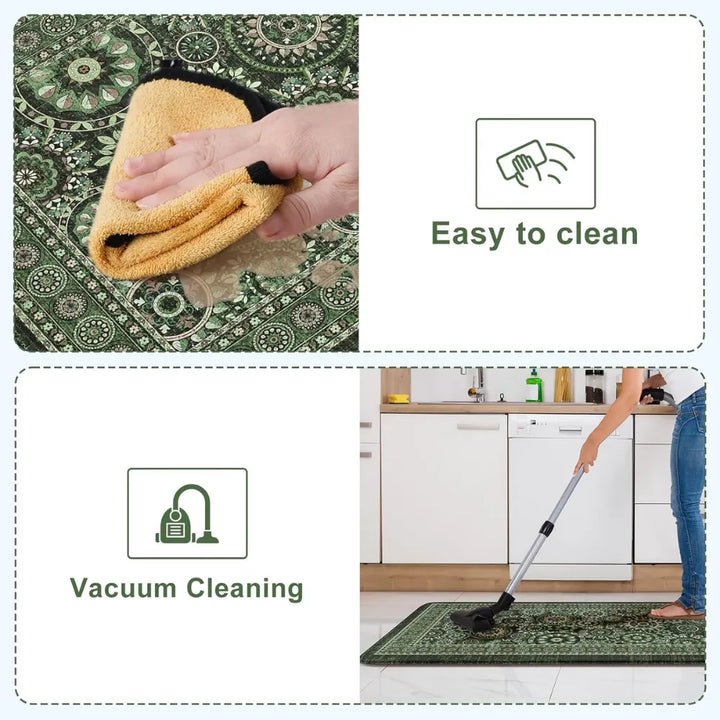 2-Piece Emerald Green Mandala Kitchen Mat Set | Vintage Floral Medallion Non-Slip Anti-Fatigue Washable Runner Rugs for Kitchen & Hallway