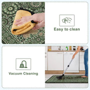 2-Piece Emerald Green Mandala Kitchen Mat Set | Vintage Floral Medallion Non-Slip Anti-Fatigue Washable Runner Rugs for Kitchen & Hallway