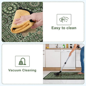 2-Piece Emerald Green Mandala Kitchen Mat Set | Vintage Floral Medallion Non-Slip Anti-Fatigue Washable Runner Rugs for Kitchen & Hallway