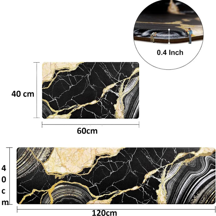 2-Piece Luxury Black & Gold Marble Kitchen Mat Set – Non-Slip Anti-Fatigue Washable Runner Rugs for Kitchen & Hallway