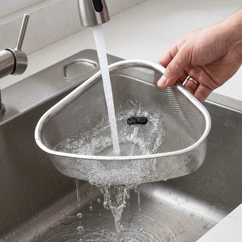 Stainless Steel Sink Corner Strainer Basket | Triangle Kitchen Sink Drain Shelf Organizer | Rustproof Corner Rack for Sponge & Scrubber Storage