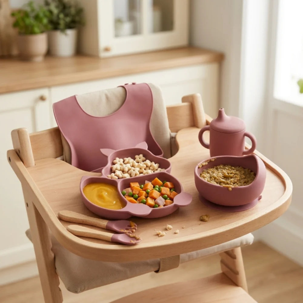 Cat Shaped Silicone Baby Feeding Set | 6 Piece BPA-Free Baby-Led Weaning Kit with Bib, Suction Bowl, Plate, Cup, Spoon & Fork