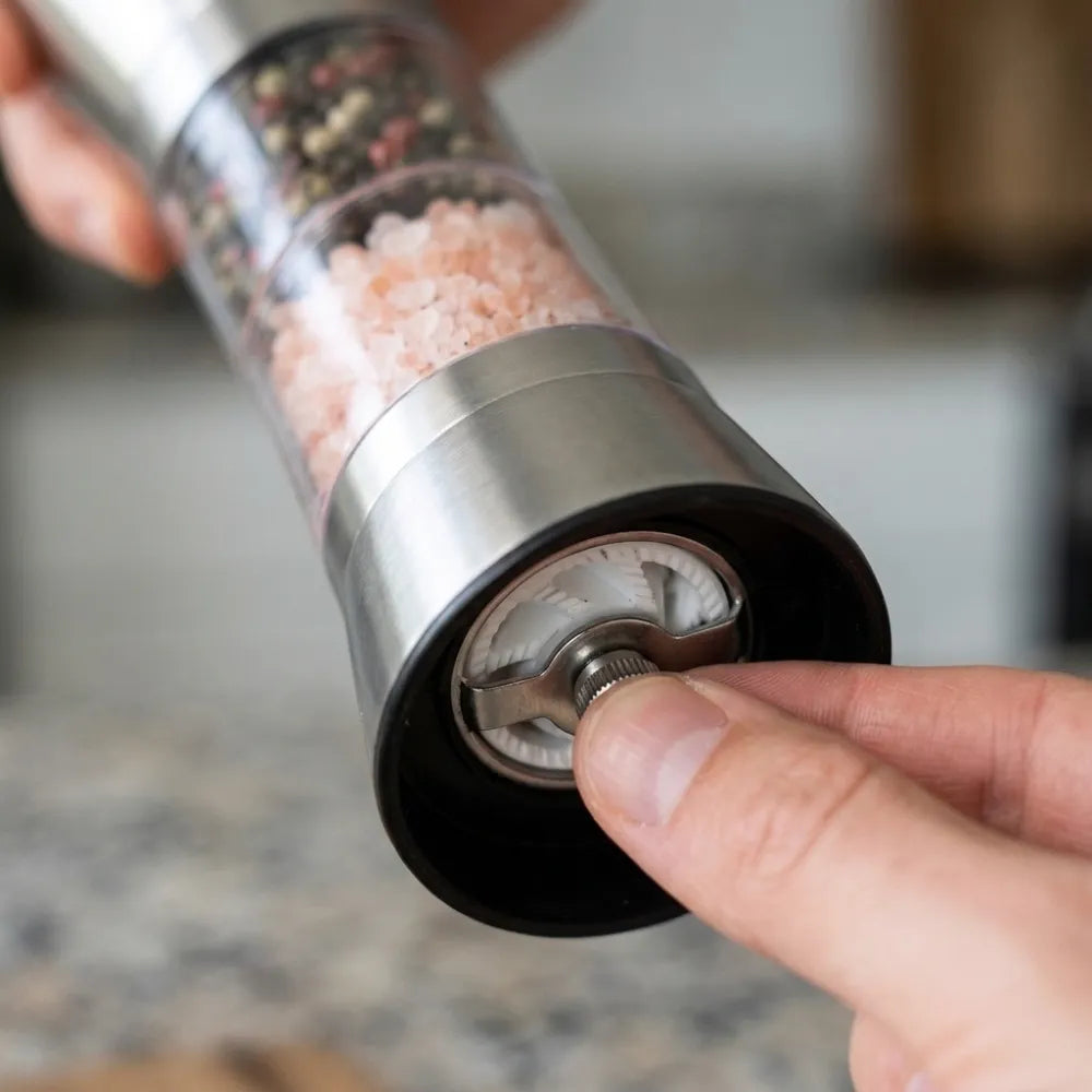 2-in-1 Double Head Stainless Steel Salt & Pepper Grinder | Adjustable Coarseness Glass Spice Mill for Salt, Black Pepper & Seasonings